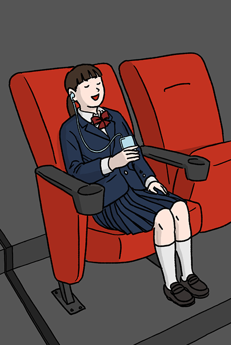 イラスト:　スマホアプリで音声ガイドを聞きながら映画を観ている女子高生。